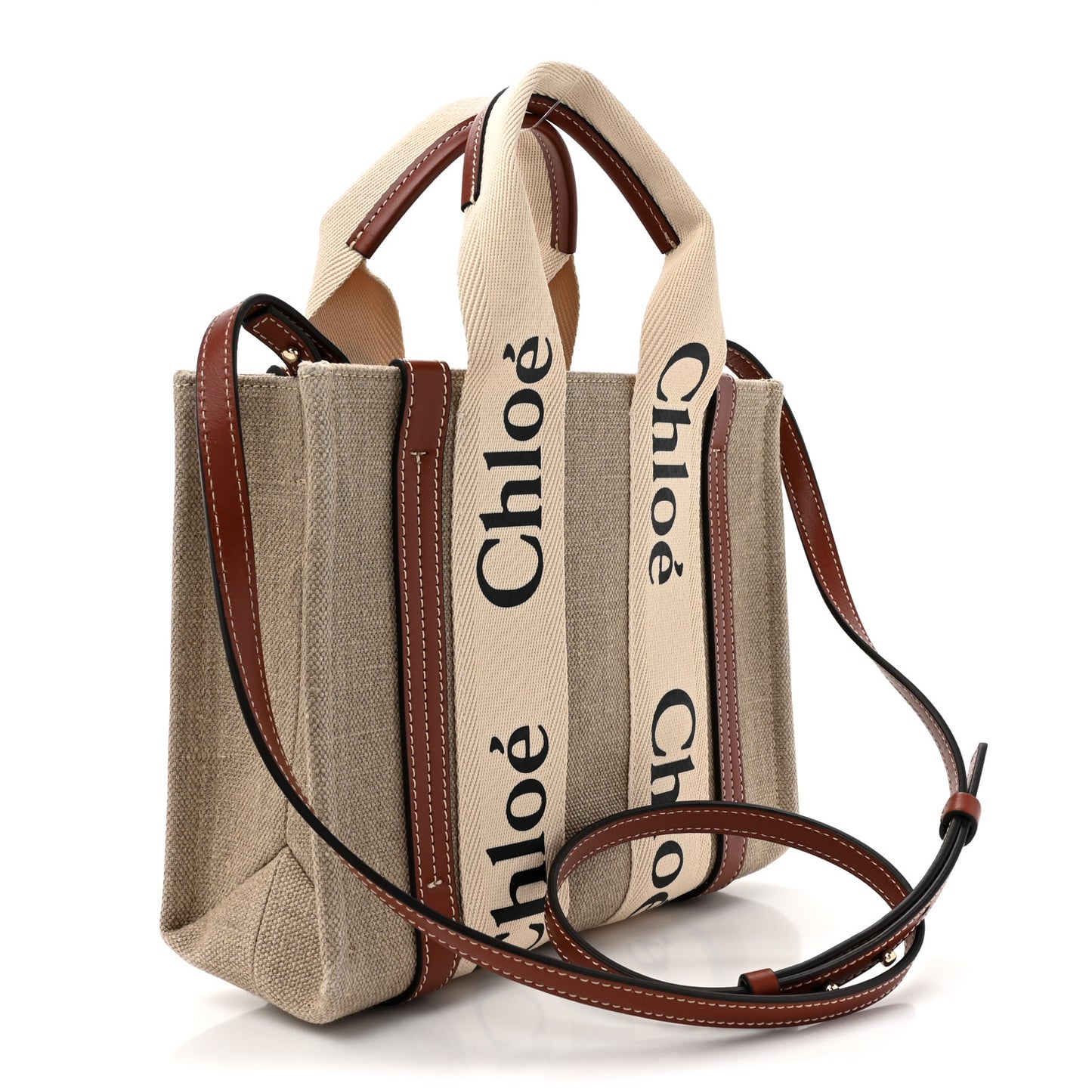Linen Calfskin Small Woody Ribbon Tote With Strap White Brown