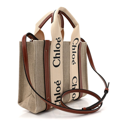 Chloe Linen Calfskin Small Woody Ribbon Tote With Strap White Brown 3 of 9