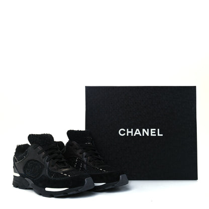 Chanel Tweed Suede Goatskin CC Sneakers 37 Black White 12 of 12