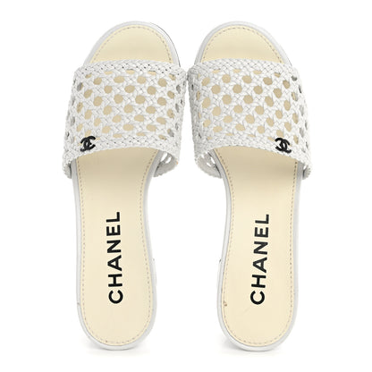 Chanel Shiny Braided Goatskin Mule Sandals 38 White 2 of 10