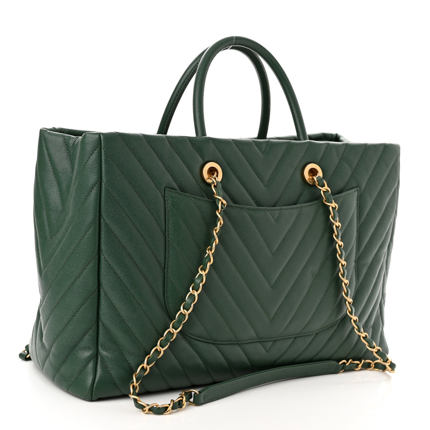 Chanel Caviar Chevron Quilted Large Coco Handle Shopping Tote Dark Green 3 of 10