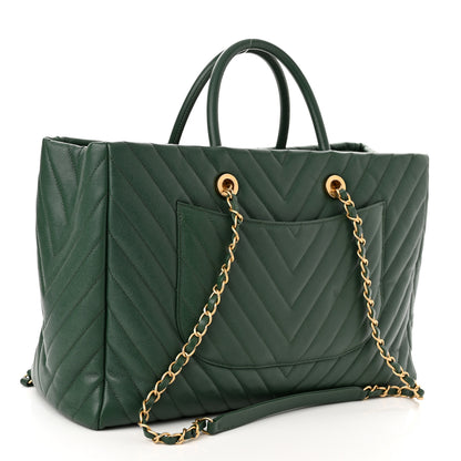 Chanel Caviar Chevron Quilted Large Coco Handle Shopping Tote Dark Green 3 of 10