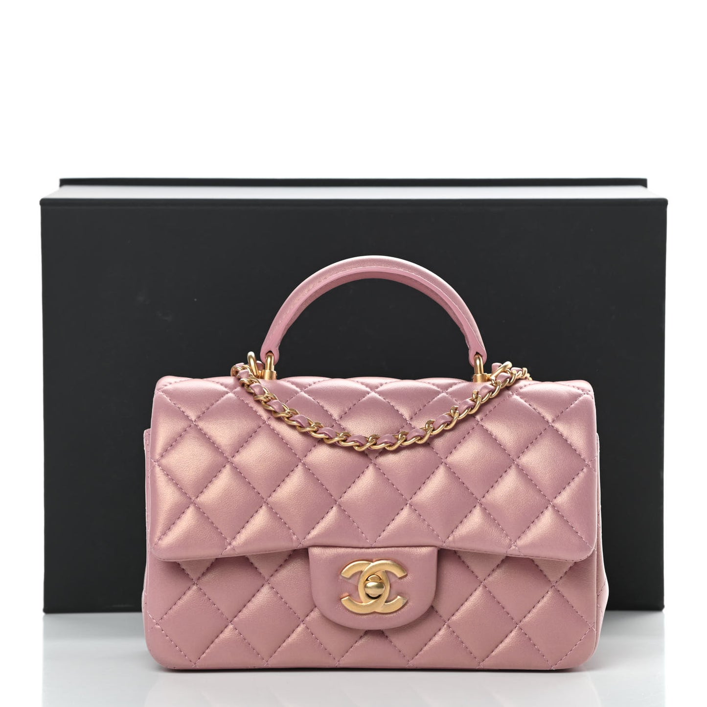 Iridescent Lambskin Quilted Mini Top Handle Rectangular Flap Pink