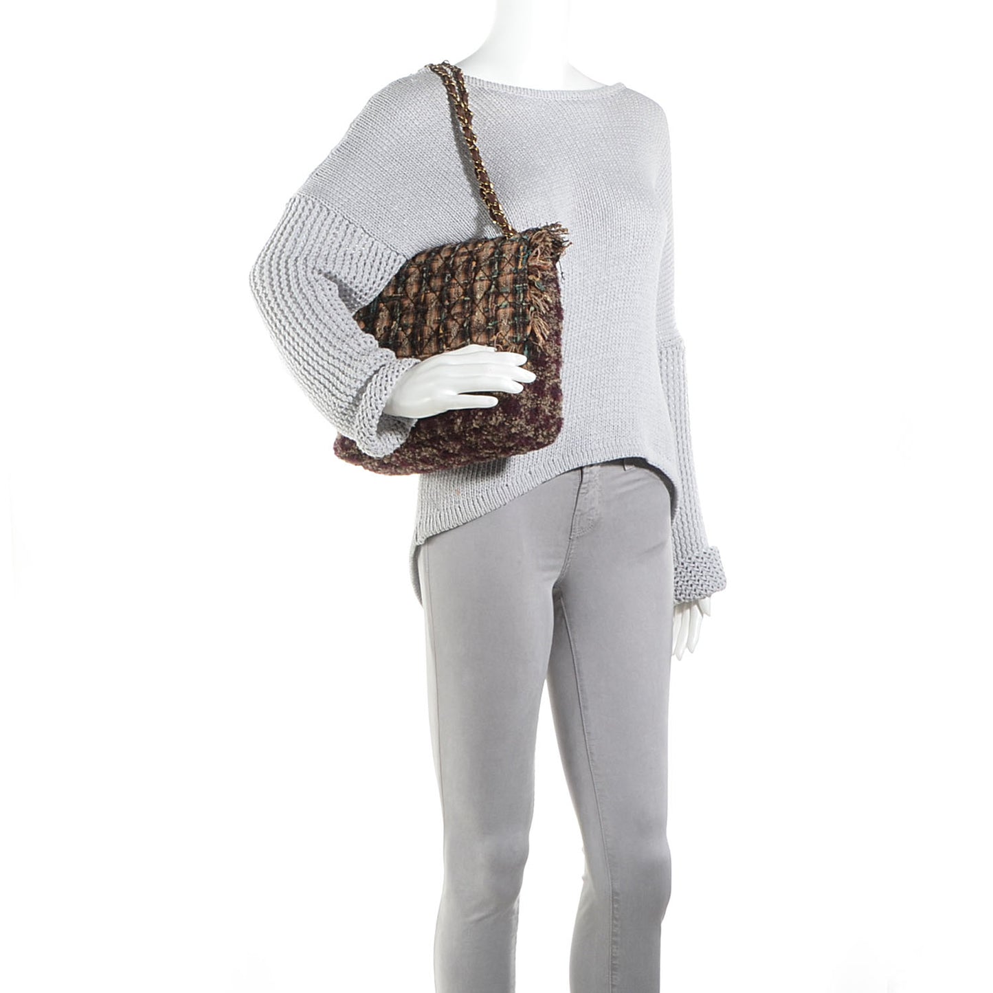 Tweed Quilted Paris Edinburgh Tartan Fringe Flap Burgundy
