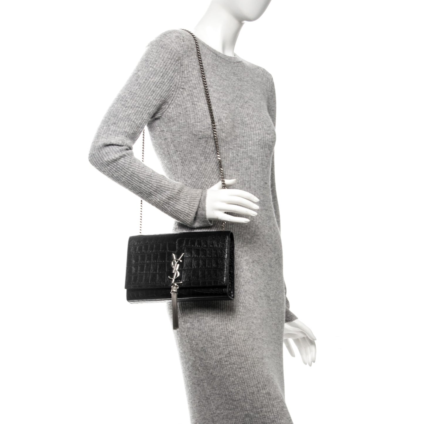Calfskin Crocodile Embossed Medium Classic Monogram Kate Tassel Satchel Black