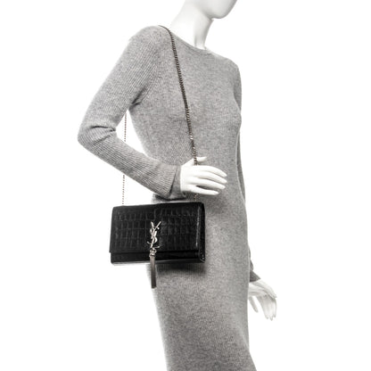 Saint Laurent Calfskin Crocodile Embossed Medium Classic Monogram Kate Tassel Satchel Black 2 of 7