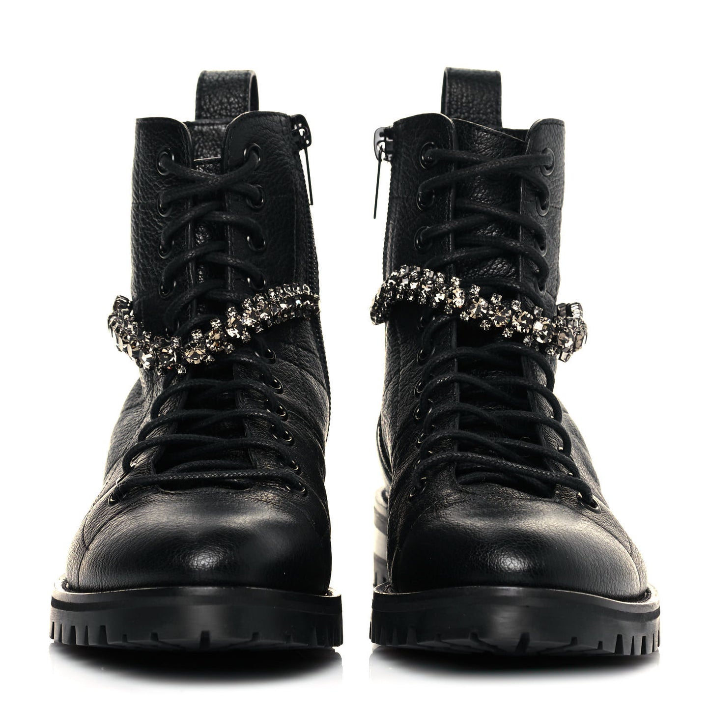 Grained Calfskin Crystal Embellished Cruz Combat Boots 35 Black