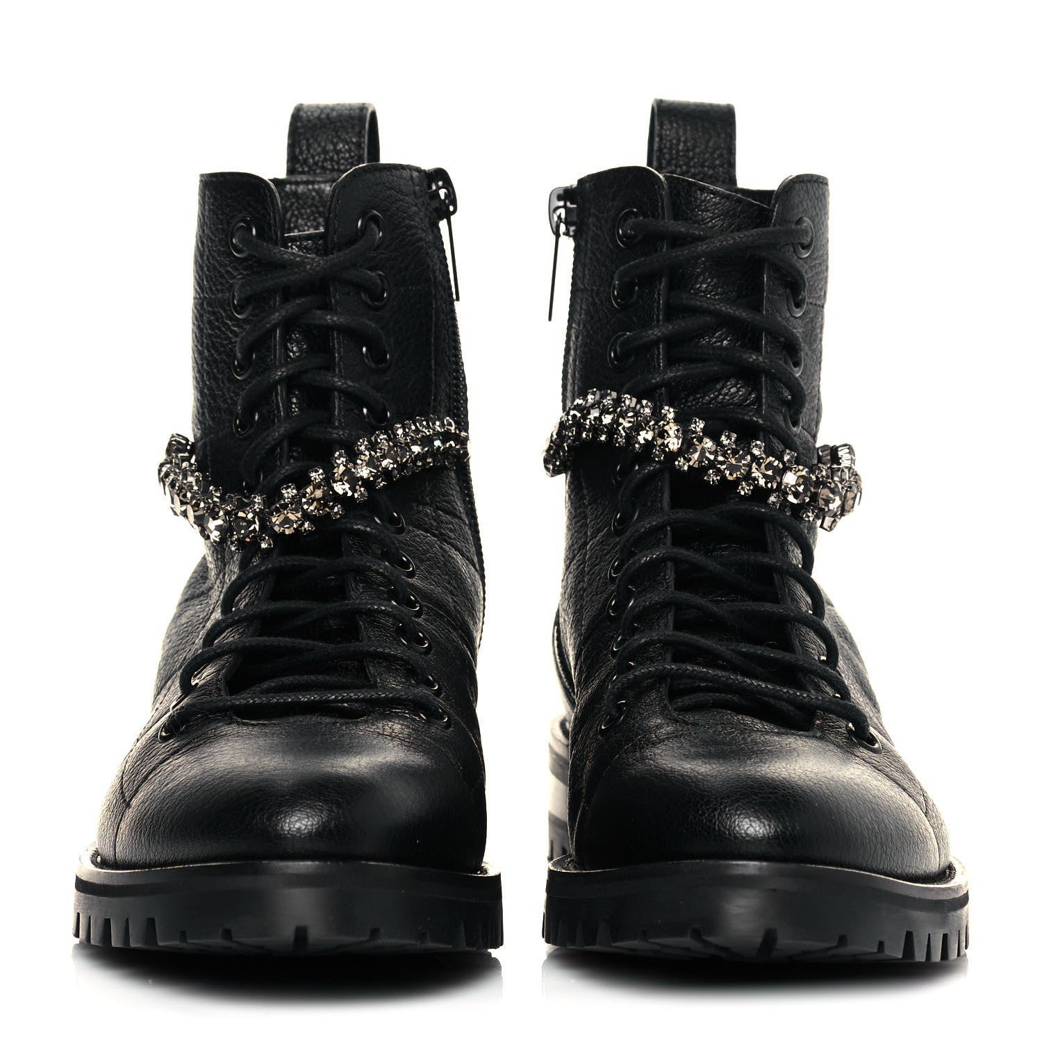 Jimmy Choo Grained Calfskin Crystal Embellished Cruz Combat Boots 35 Black 2 of 7