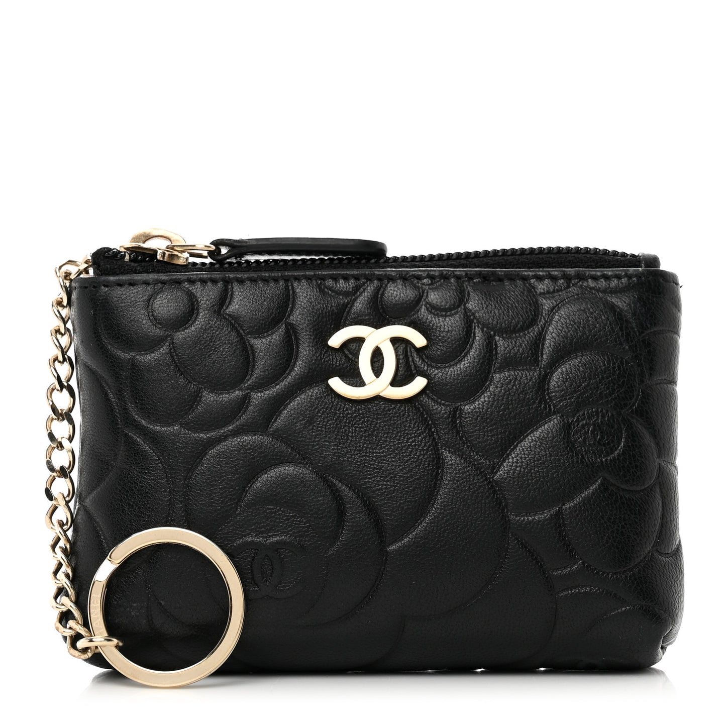 Lambskin Camellia Embossed Key Holder Case Black