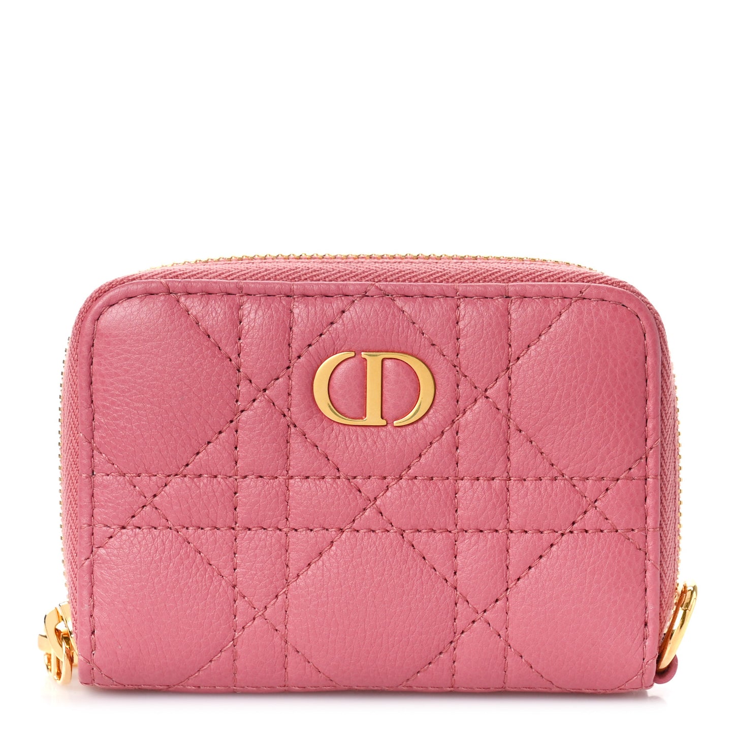 Grained Calfskin Supple Cannage Caro Compact Zipped Wallet Pink Yarrow