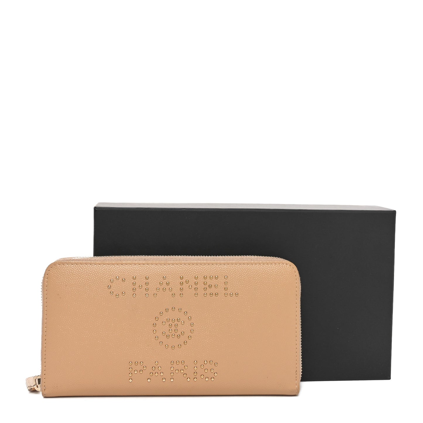 Caviar Studded Deauville Large Zip Around Wallet Beige