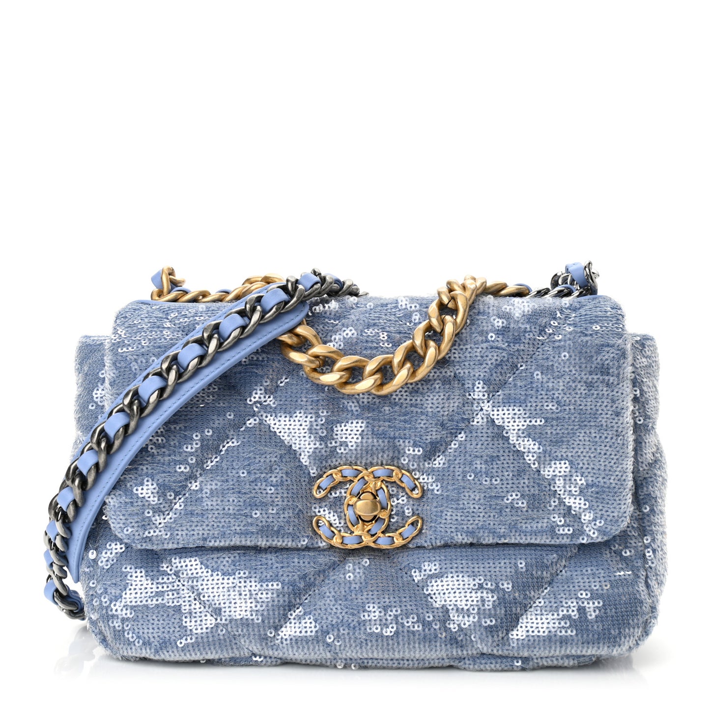 Sequin Quilted Medium Chanel 19 Flap Light Blue