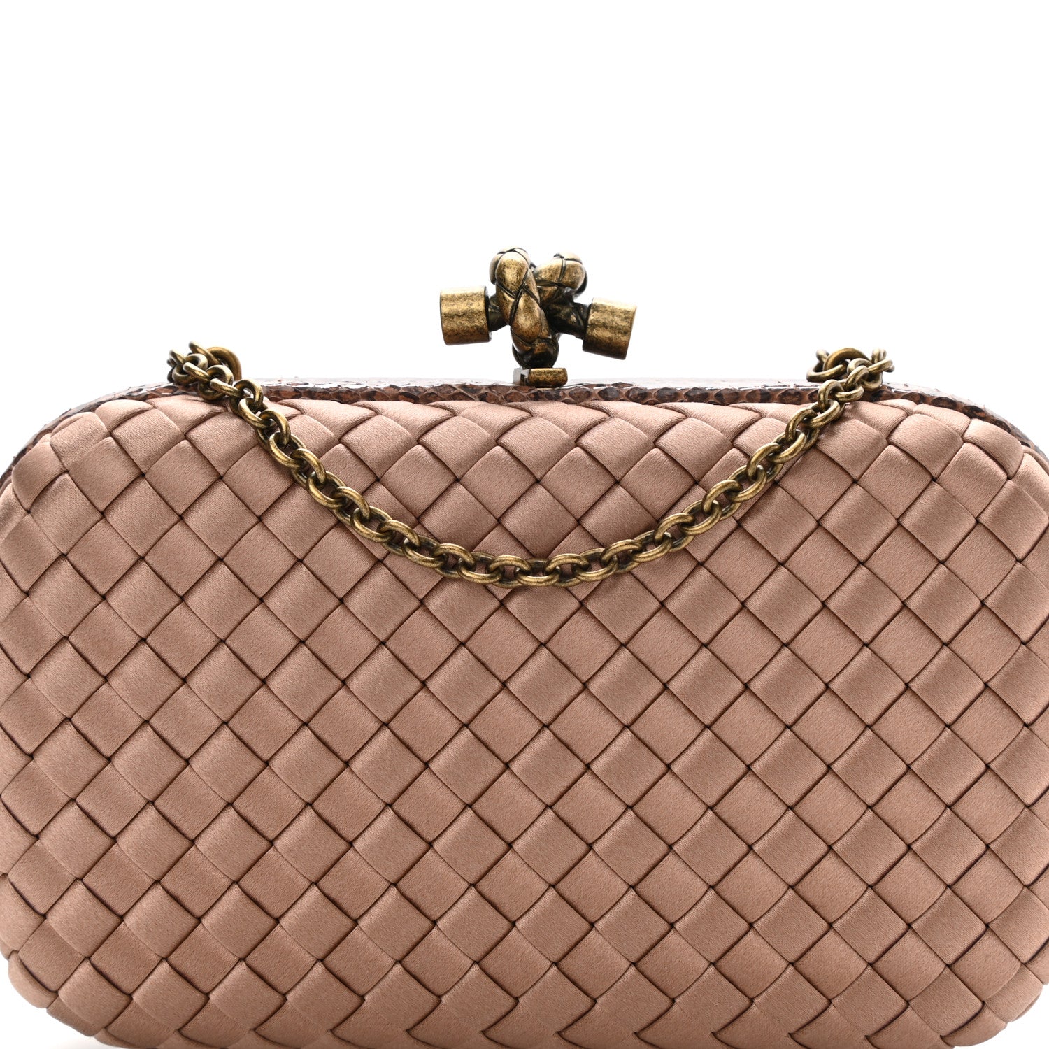 Bottega Veneta Satin Ayers Intrecciato Chain Knot Clutch Camel 6 of 8
