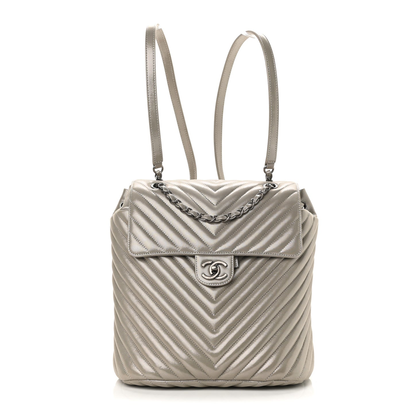 Iridescent Calfskin Chevron Quilted Small Urban Spirit Backpack Silver