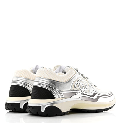 Chanel Fabric Laminated Calfskin Stretch CC Sneakers 40.5 White Silver 4 of 9