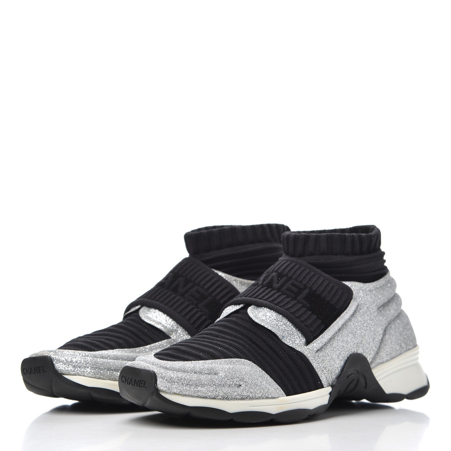Chanel Glitter Stretch Fabric CC Sneakers 35 Black Silver 3 of 18