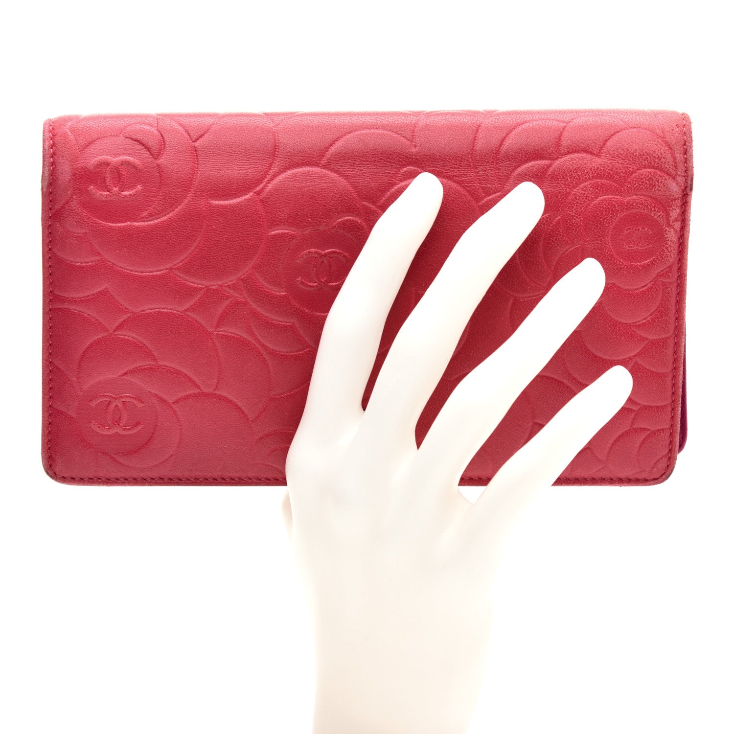 Chanel Lambskin Camellia Embossed Yen Wallet Fuchsia 2 of 11
