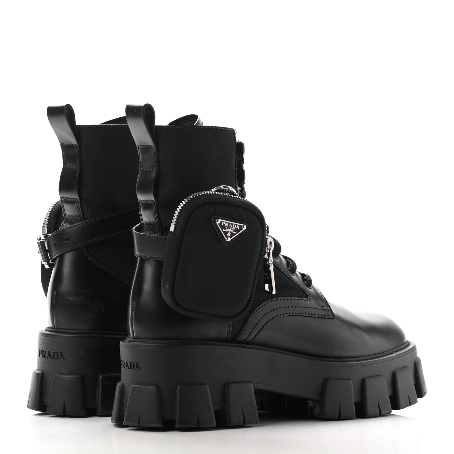 Prada Spazzolato Rois Nylon Metal Triangle Logo Monolith Pouch Pocket 55mm Boots 39 Black 4 of 12