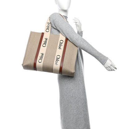 Chloe Linen Calfskin Large Woody Ribbon Tote White Brown 2 of 12