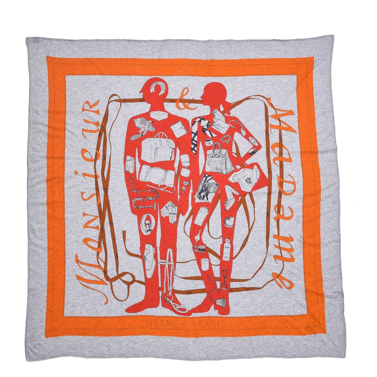 Hermes Cotton Monsieur Et Madame Shawl 140 Grey 1 of 7