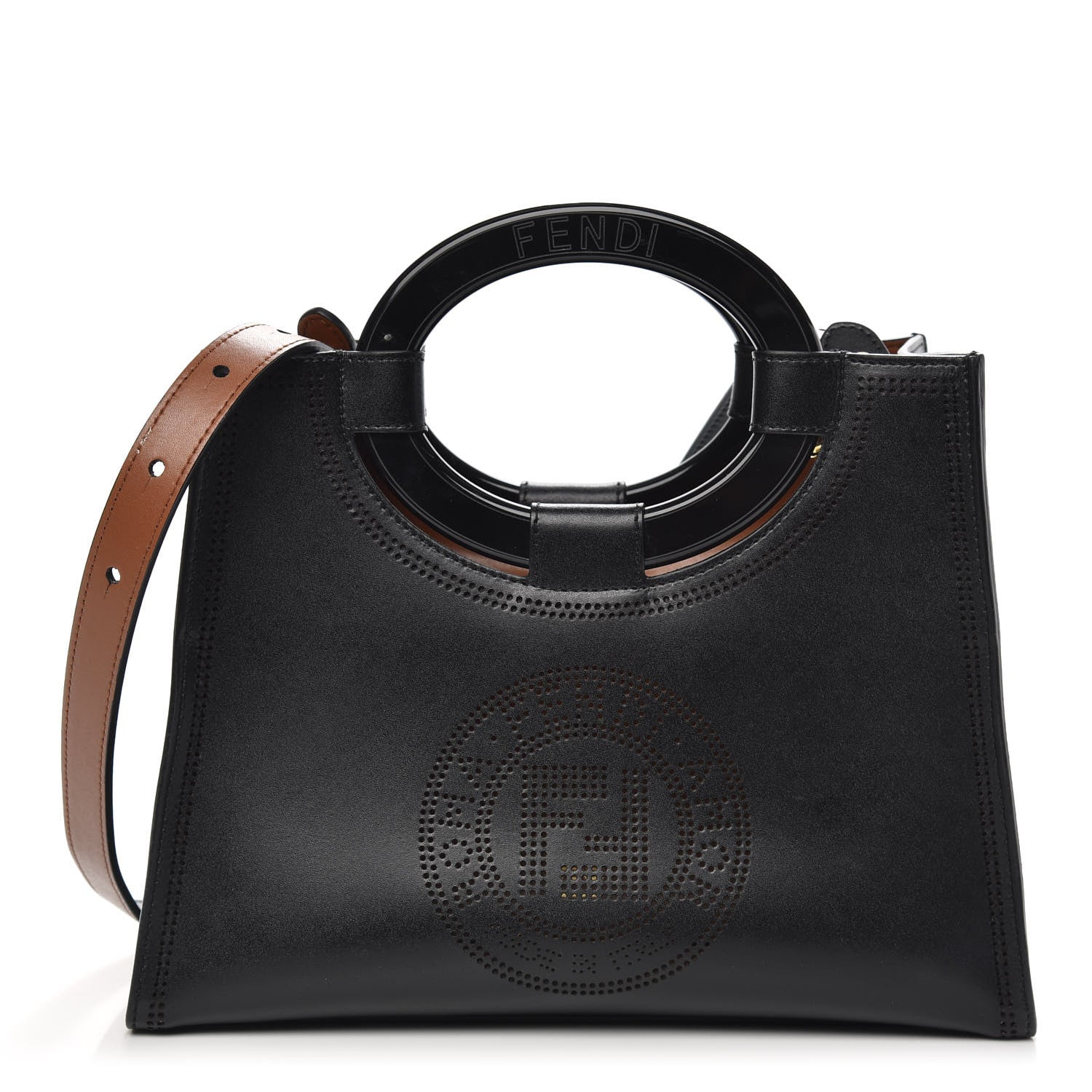 Fendi Vitello Liberty Plexiglass Stamp Patch Perforated Small Runaway Shopper Tote Black 1 of 9