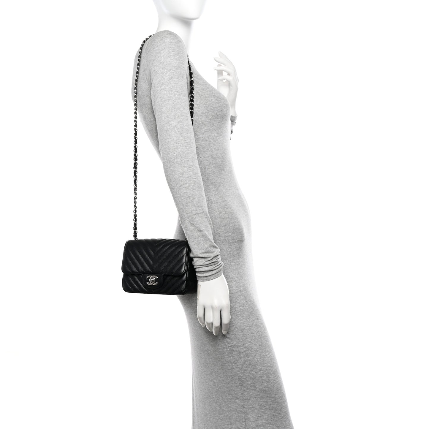 Caviar Chevron Quilted Mini Square Flap Black