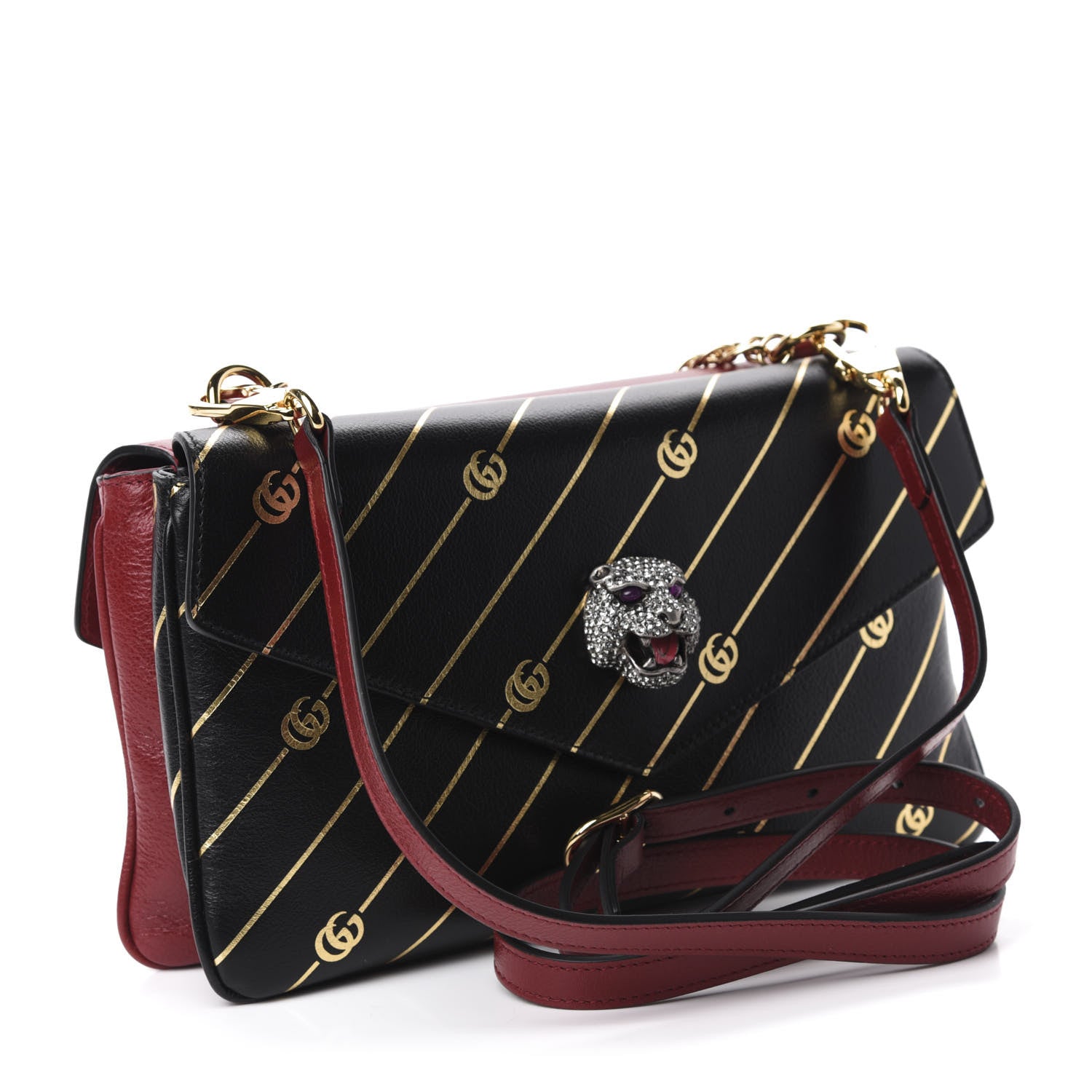 Gucci Calfskin Diagonal GG Medium Thiara Double Envelope Shoulder Bag Black Red 3 of 11