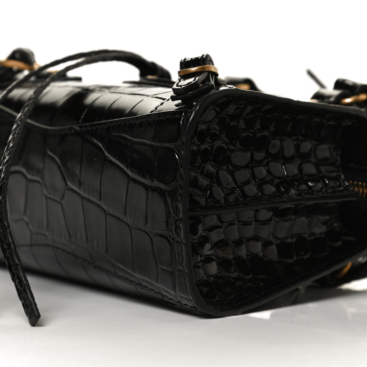 Shiny Supple Calfskin Crocodile Embossed Neo Classic Gold Hardware Nano City Crossbody Black