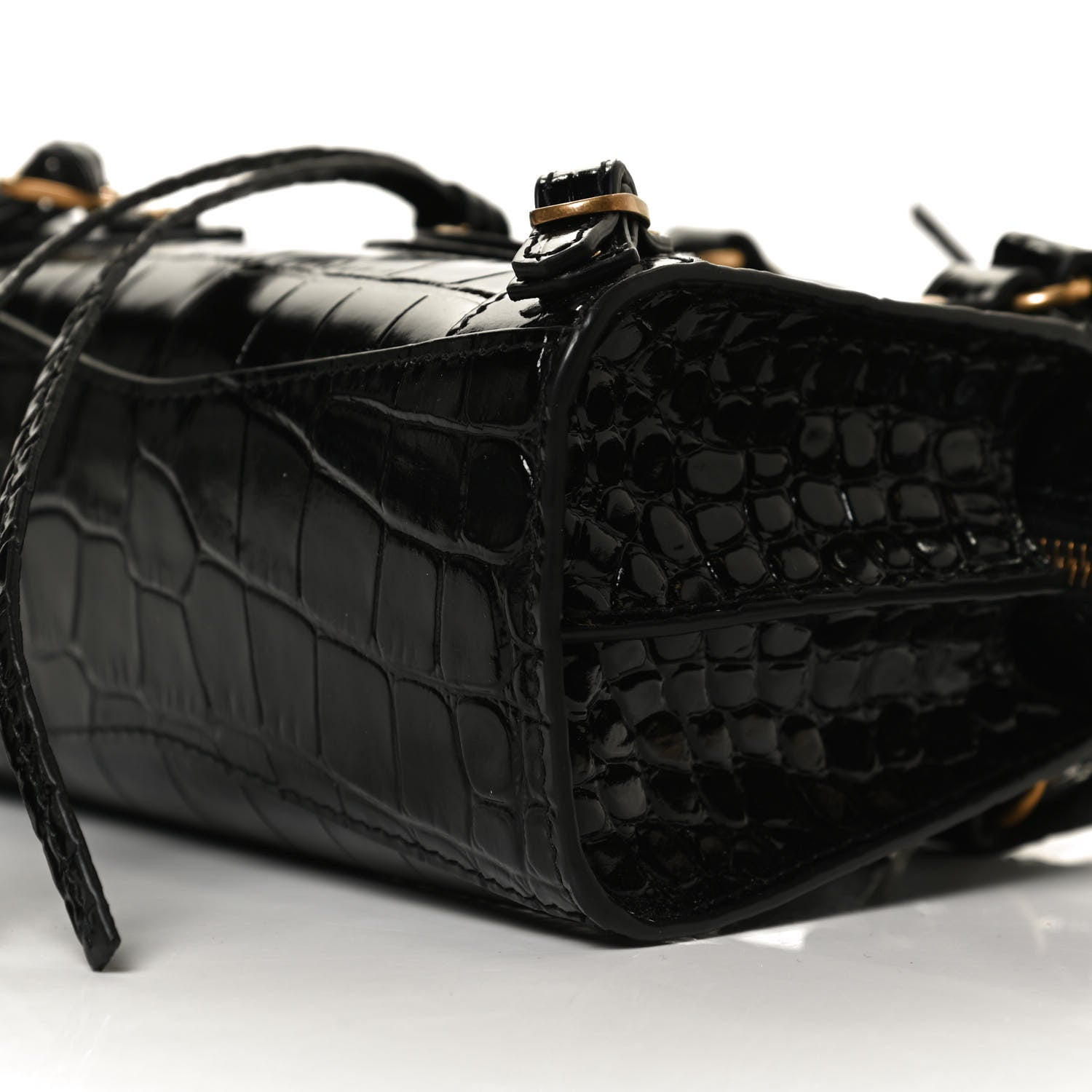 Balenciaga Shiny Supple Calfskin Crocodile Embossed Neo Classic Gold Hardware Nano City Crossbody Black 9 of 9