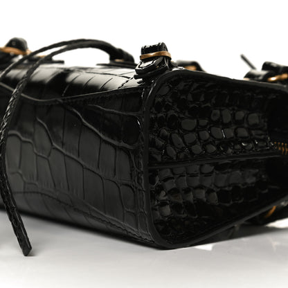 Balenciaga Shiny Supple Calfskin Crocodile Embossed Neo Classic Gold Hardware Nano City Crossbody Black 9 of 9