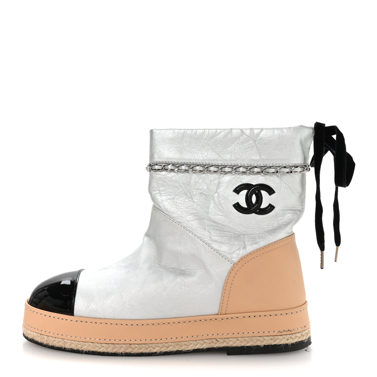 Lambskin Patent Cap Toe CC Chain Espadrille Boots 40 Silver Black Beige