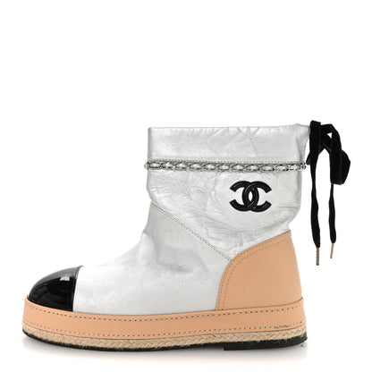 Chanel Lambskin Patent Cap Toe CC Chain Espadrille Boots 40 Silver Black Beige 1 of 9