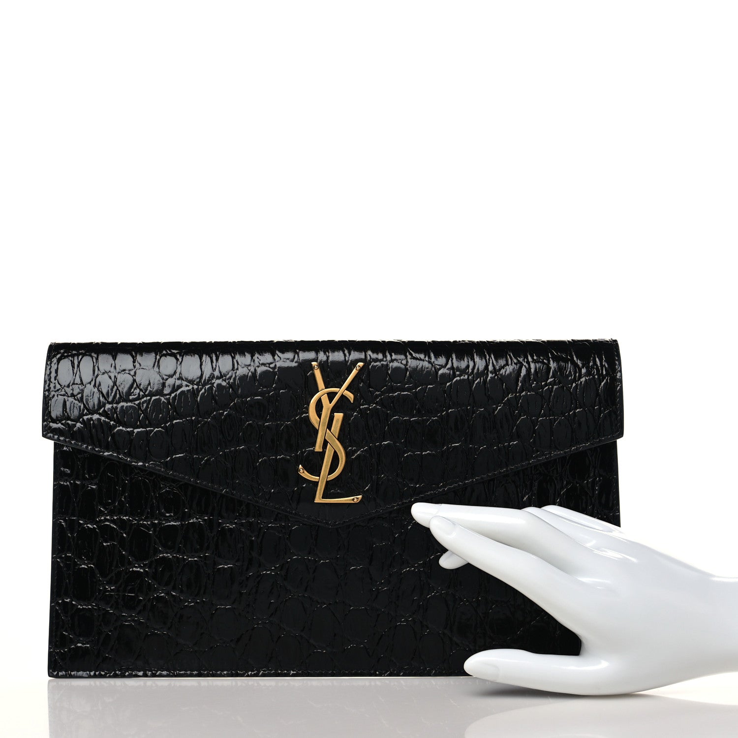 Saint Laurent Calfskin Crocodile Embossed Uptown Monogram Clutch Black 2 of 8
