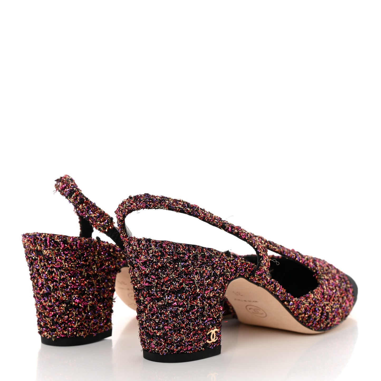 Tweed Grosgrain Cap Toe CC Slingback Pumps 38 Pink Black