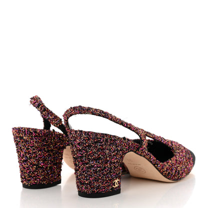 Chanel Tweed Grosgrain Cap Toe CC Slingback Pumps 38 Pink Black 4 of 13