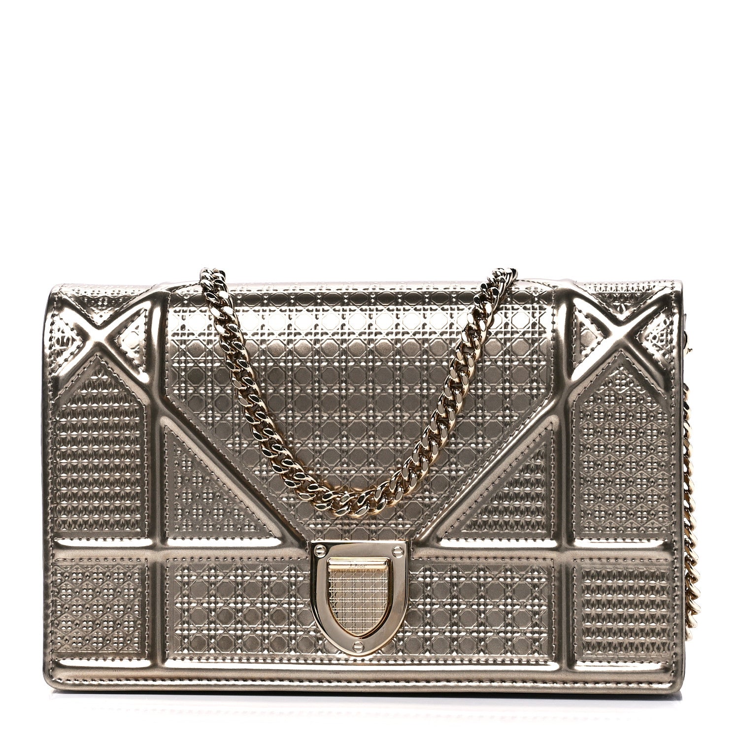Christian Dior Metallic Patent Micro-Cannage Diorama Wallet on Chain Pouch Gold 1 of 10