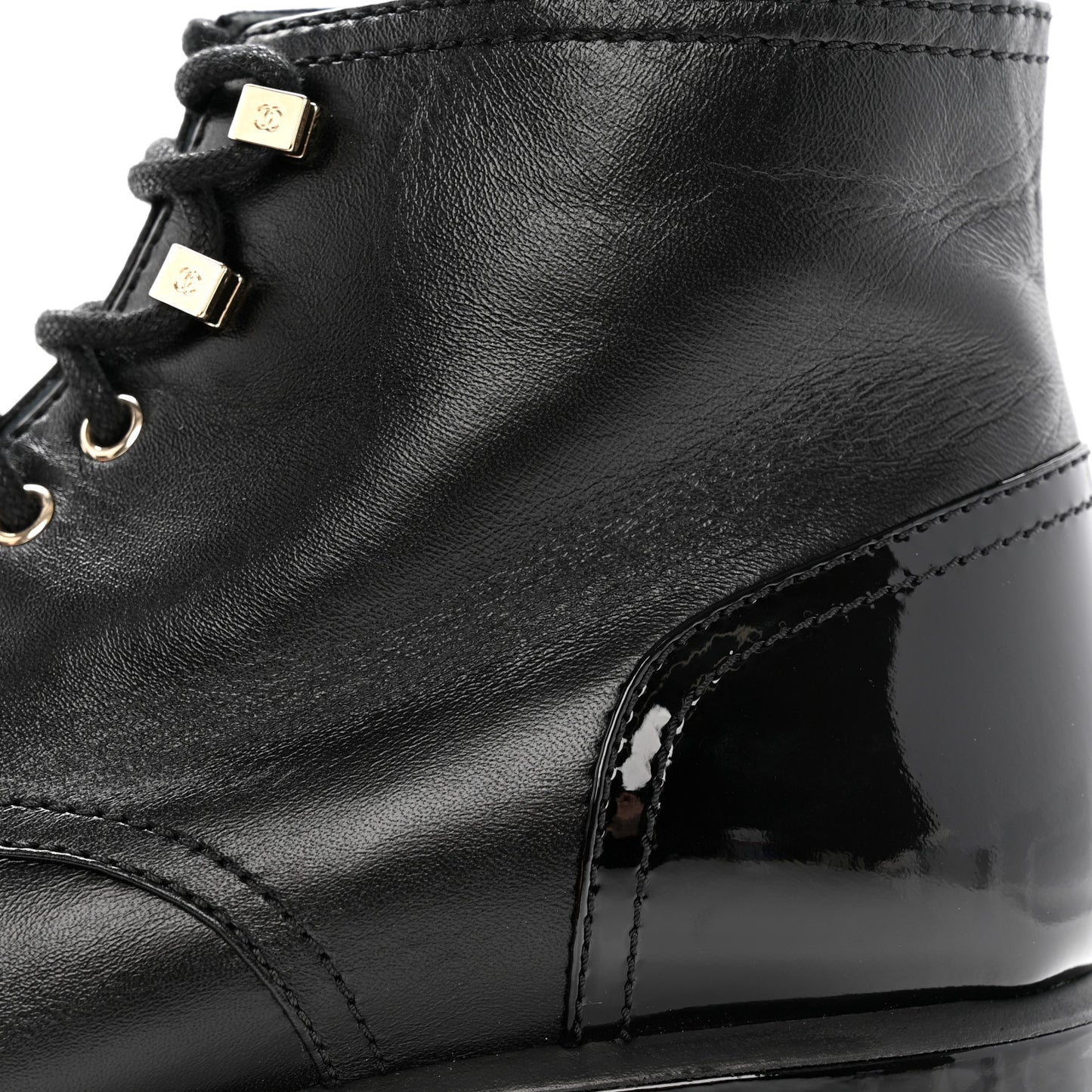 Shiny Calfskin Patent Lace Up Combat Short Boots 42 Black