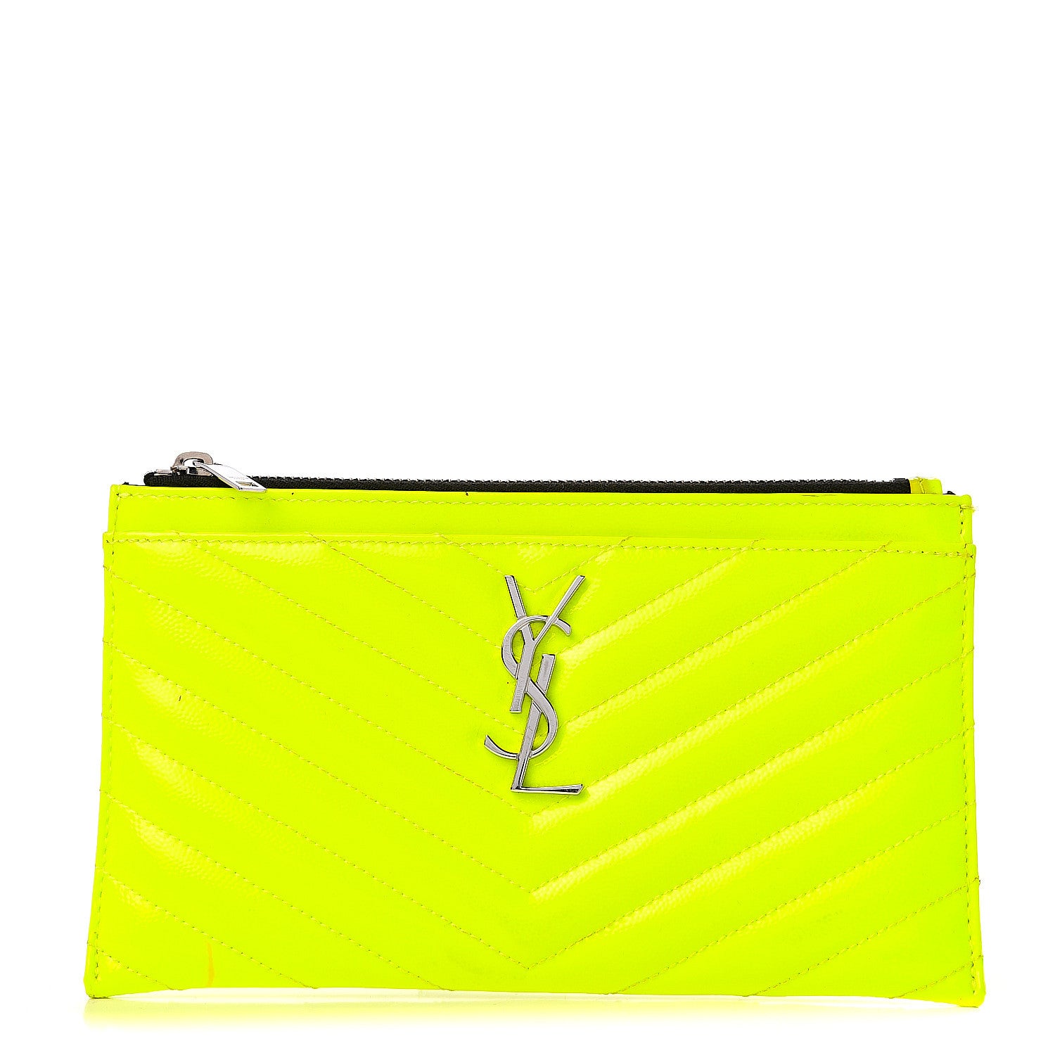 Saint Laurent Patent Grain De Poudre Matelasse Chevron Monogram Bill Pouch Neon Yellow 1 of 9
