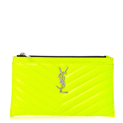 Saint Laurent Patent Grain De Poudre Matelasse Chevron Monogram Bill Pouch Neon Yellow 1 of 9