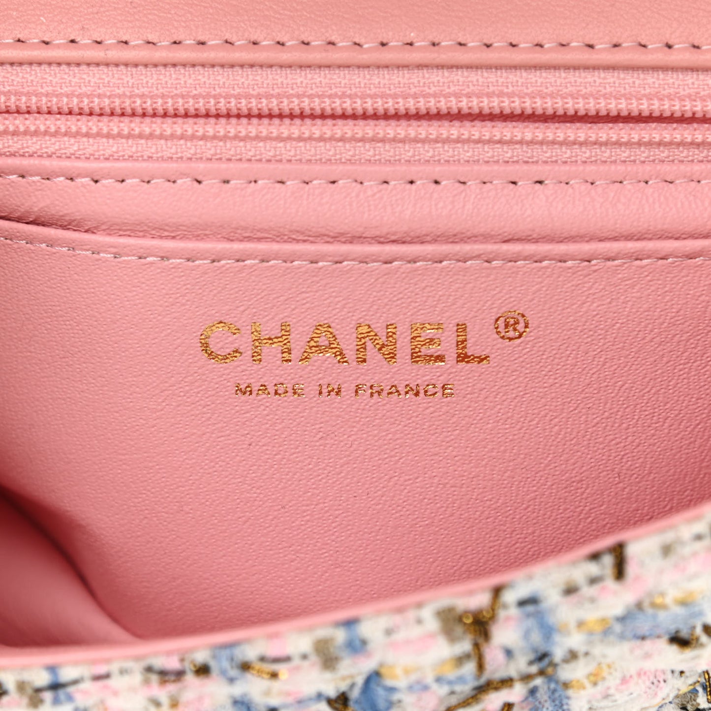 Tweed Quilted Mini Rectangular Flap Light Blue Pink Gold White