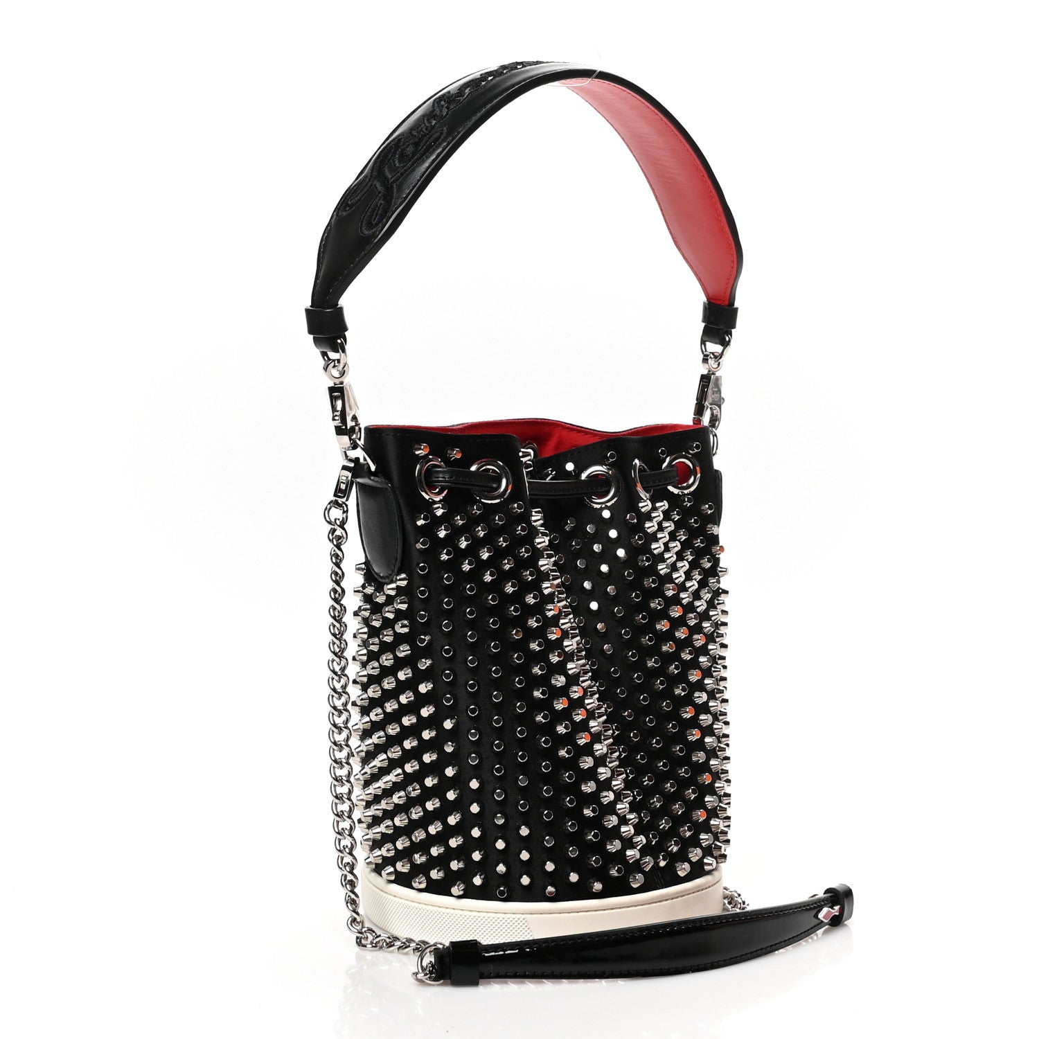 Christian Louboutin Silk Satin Calfskin Marie Jane Loubirun Studded Bucket Black Silver 3 of 7