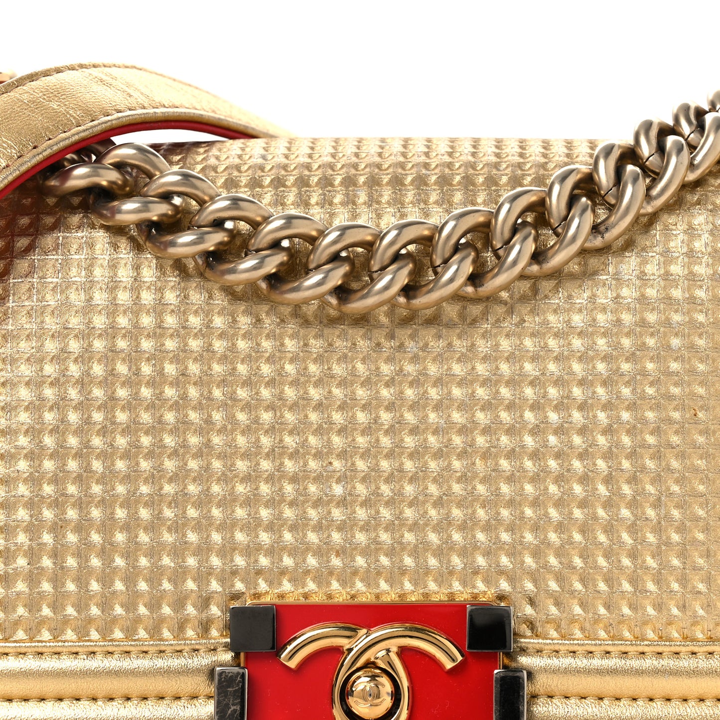 Metallic Lambskin Embossed Small Cube Boy Flap Gold