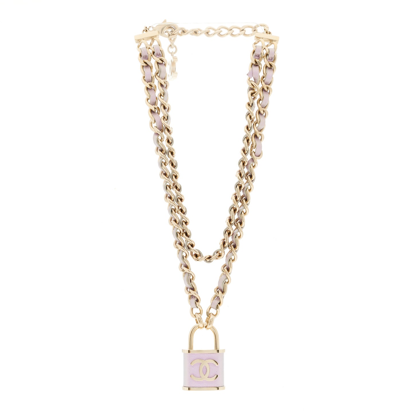 Metal Lambskin Lock Necklace Iridescent Pink