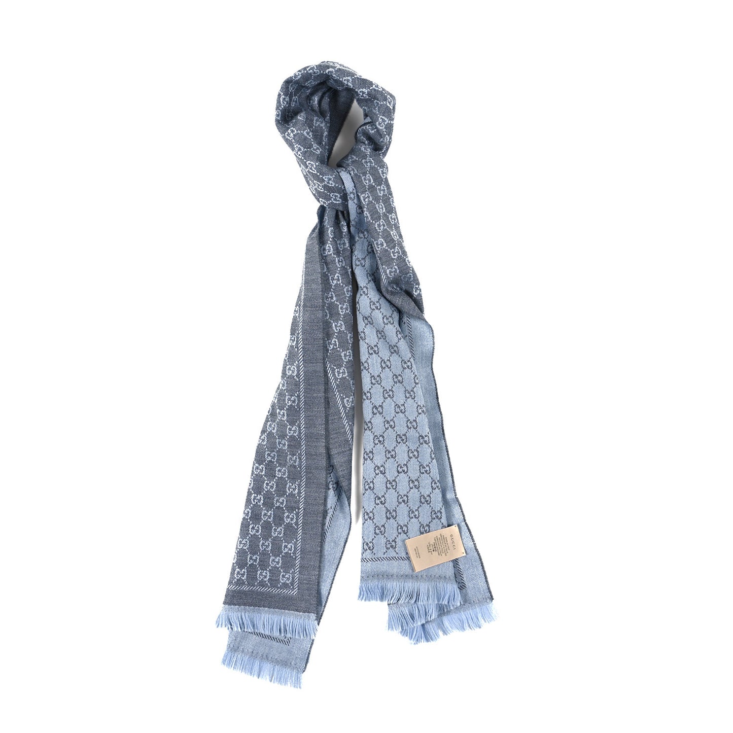 Wool GG Monogram Reversible New Sten Fringe Scarf Flannel Sky Blue