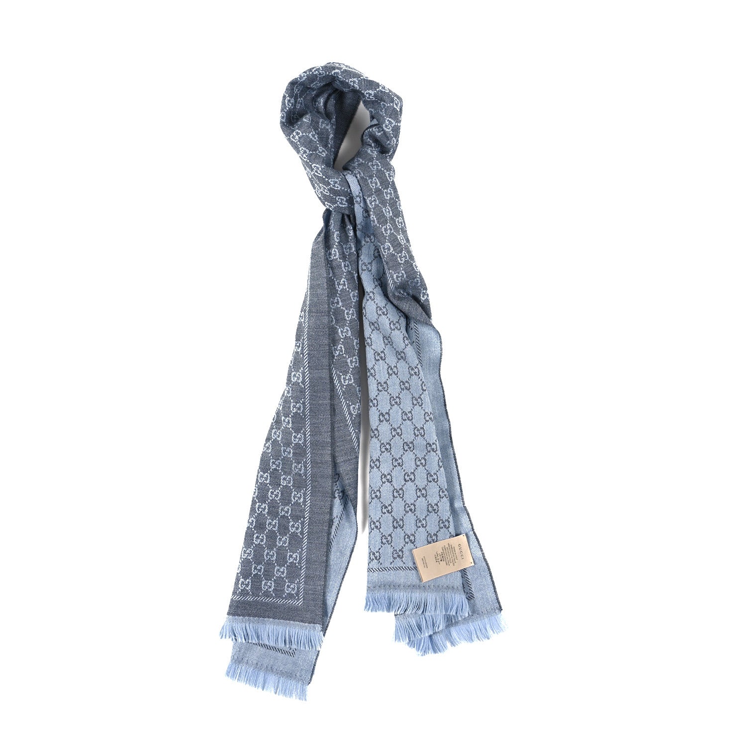 Gucci Wool GG Monogram Reversible New Sten Fringe Scarf Flannel Sky Blue 1 of 4