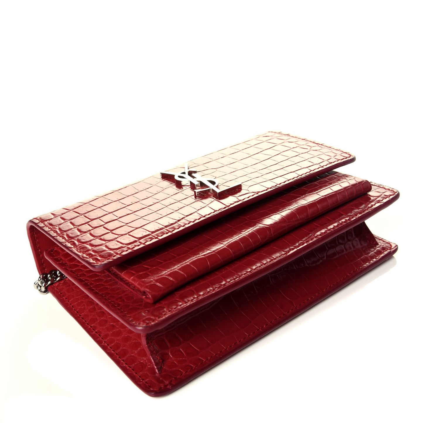 Calfskin Crocodile Embossed Monogram Sunset Chain Wallet New Lipstick Red