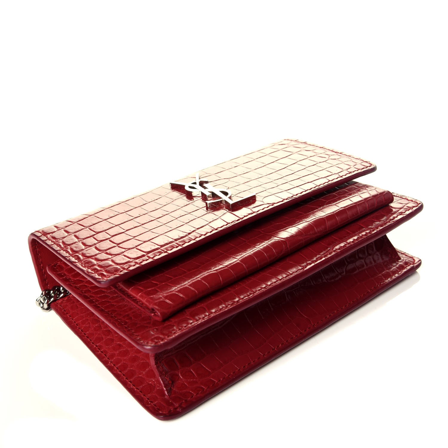 Saint Laurent Calfskin Crocodile Embossed Monogram Sunset Chain Wallet New Lipstick Red 4 of 8