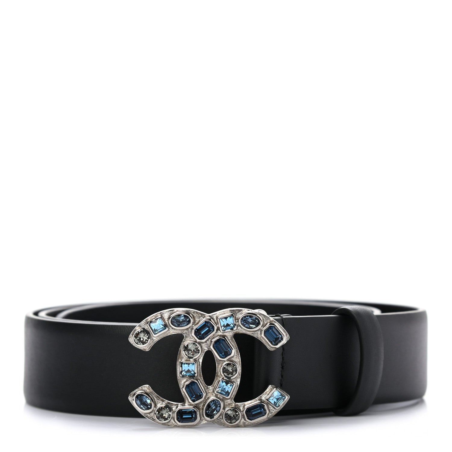 Chanel Calfskin Crystal CC Belt 95 38 Black Blue 1 of 7