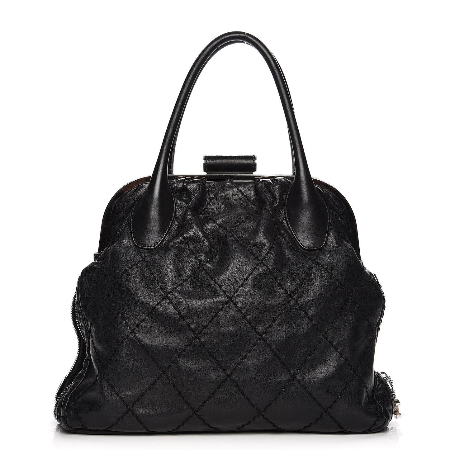 Calfskin Stitched Expandable Frame Bag Black