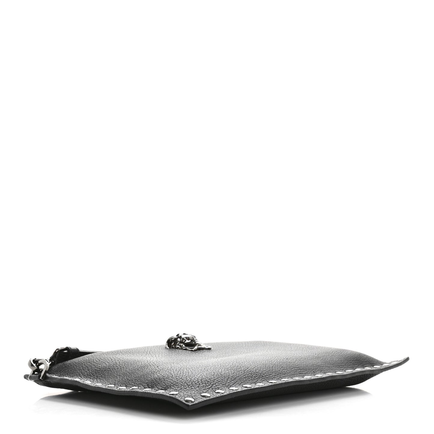 Grained Calfskin Studded Medusa Wristlet Pouch Black